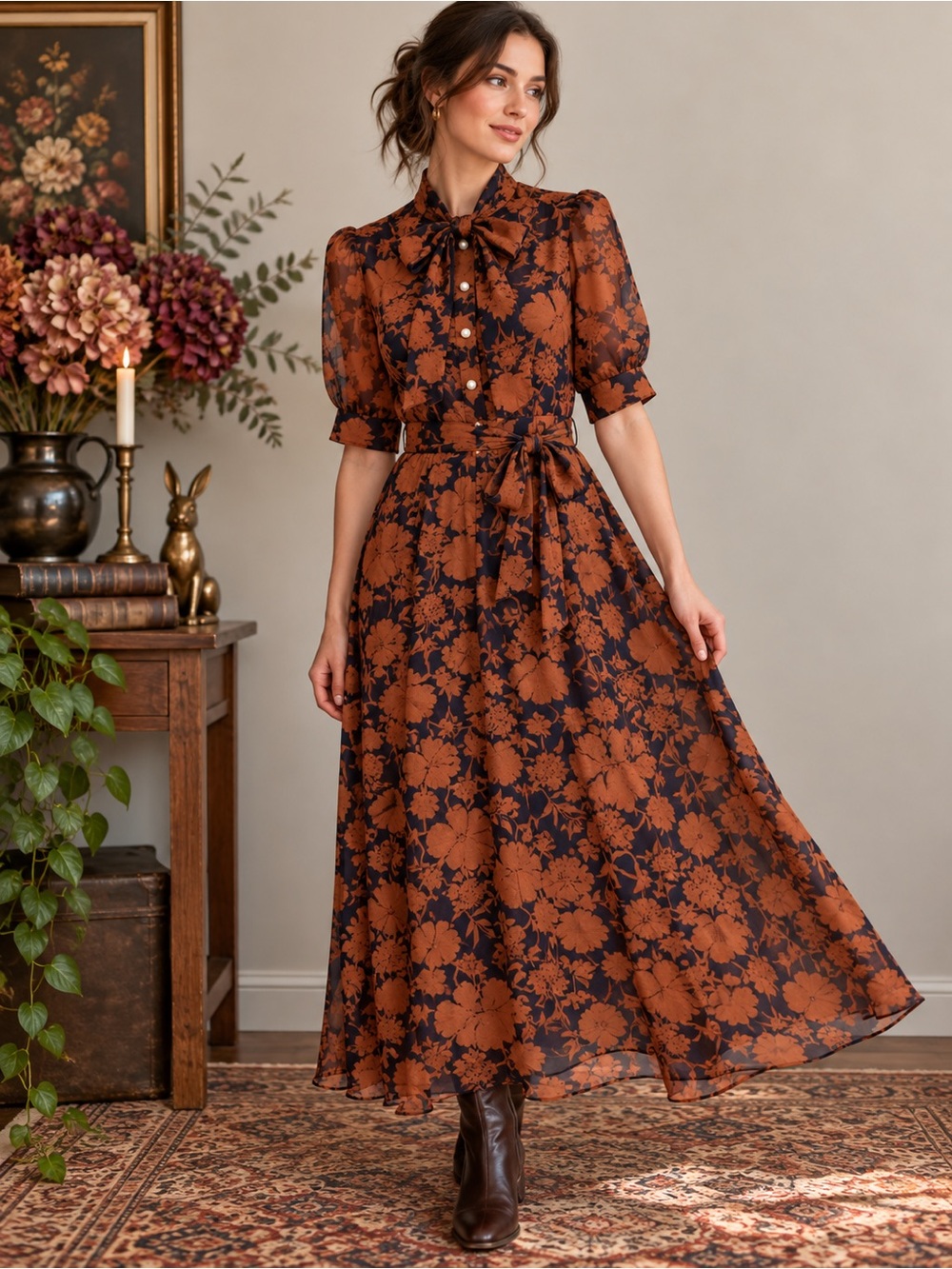 Copper Navy Floral Maxi Dress Dark Romantic Victorian Style M